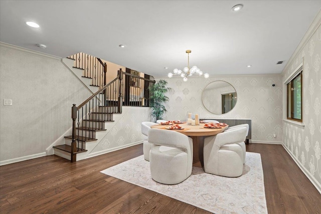 498 Teal Plz, Secaucus, NJ 07094 - dining room with stairway, wallpapered walls, wood finished floors, crown molding, and a chandelier