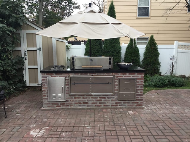 403 Hamilton St, Roselle Boro, NJ 07203 - view of patio featuring an outdoor structure, fence, a shed, and an outdoor kitchen
