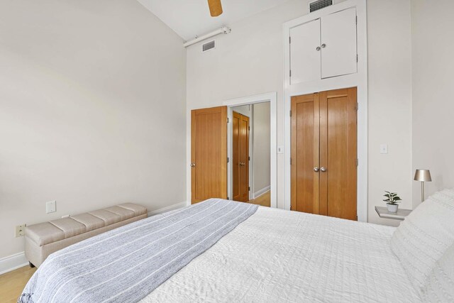 512 Jefferson St Unit 4R, Hoboken, NJ 07030 - bedroom with high vaulted ceiling and a ceiling fan