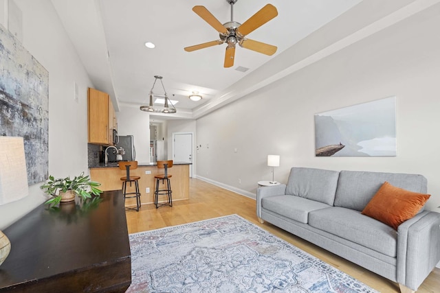 512 Jefferson St Unit 4R, Hoboken, NJ 07030 - living room featuring light wood-style flooring, a ceiling fan, and recessed lighting