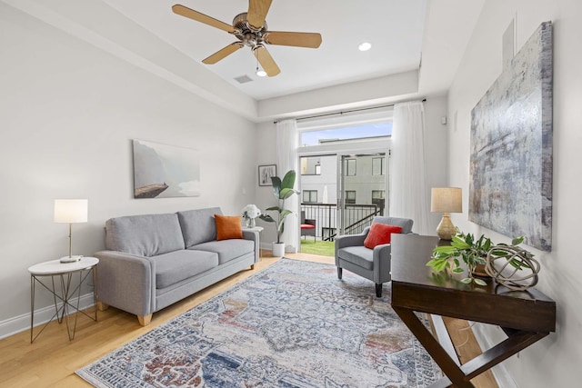 512 Jefferson St Unit 4R, Hoboken, NJ 07030 - living room with light wood-style flooring, a ceiling fan, and recessed lighting