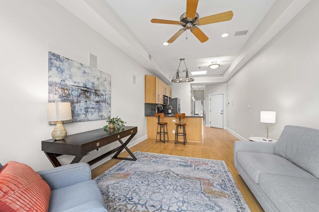 512 Jefferson St Unit 4R, Hoboken, NJ 07030 - living area featuring light wood-style floors, ceiling fan, and recessed lighting