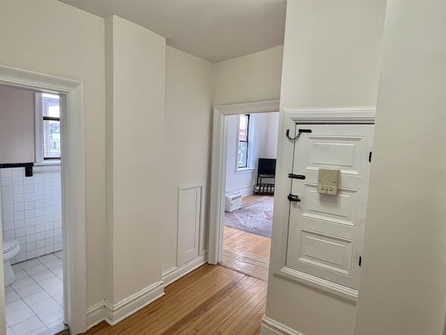 corridor with plenty of natural light, light hardwood / wood-style floors, and tile walls