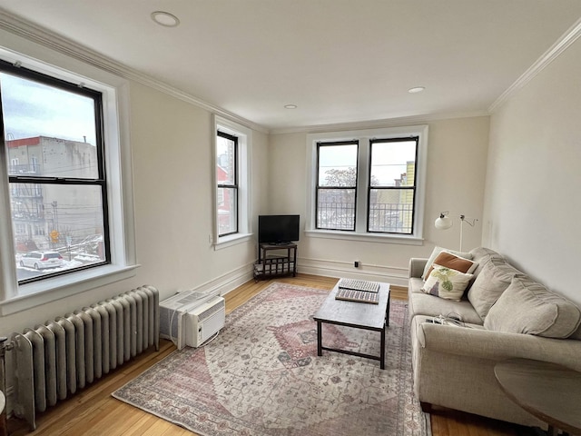 living room with radiator, crown molding, wood-type flooring, and an AC wall unit