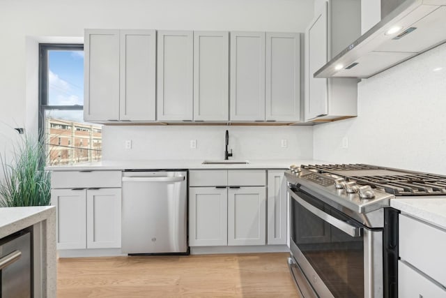 kitchen with sink, tasteful backsplash, appliances with stainless steel finishes, light hardwood / wood-style floors, and wall chimney range hood