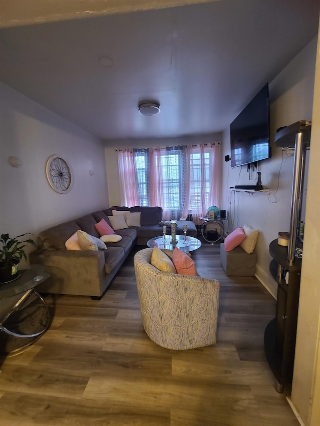 living area featuring wood finished floors and baseboards