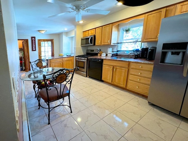 kitchen featuring appliances with stainless steel finishes, ceiling fan, and sink