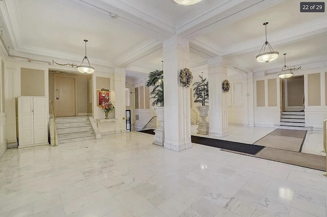 2600 Kennedy Blvd Unit 7A, Jersey City, NJ 07306 - community lobby with a decorative wall, stairs, crown molding, beam ceiling, and wainscoting