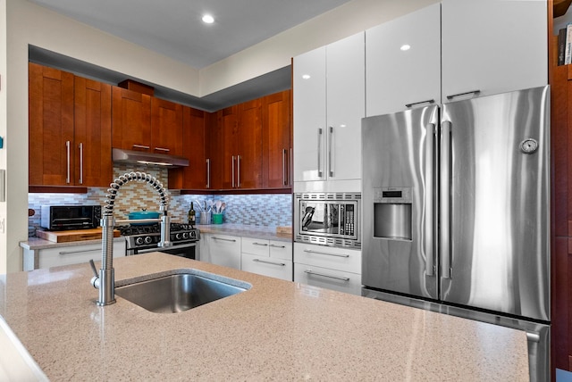 390 1st St Unit 3, Jersey City, NJ 07302 - kitchen with appliances with stainless steel finishes, under cabinet range hood, light stone counters, decorative backsplash, and white cabinetry