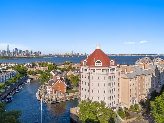 aerial view featuring a water view