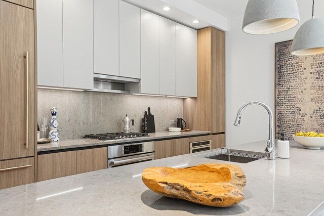 kitchen with a sink, modern cabinets, under cabinet range hood, and stainless steel appliances