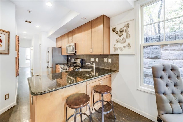 kitchen with sink, stainless steel appliances, tasteful backsplash, dark hardwood / wood-style floors, and kitchen peninsula