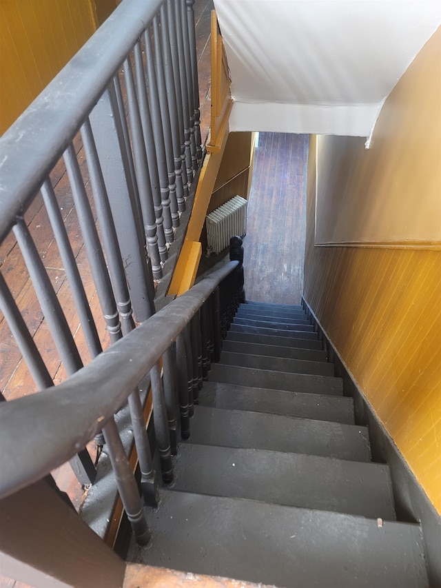 staircase with wooden walls