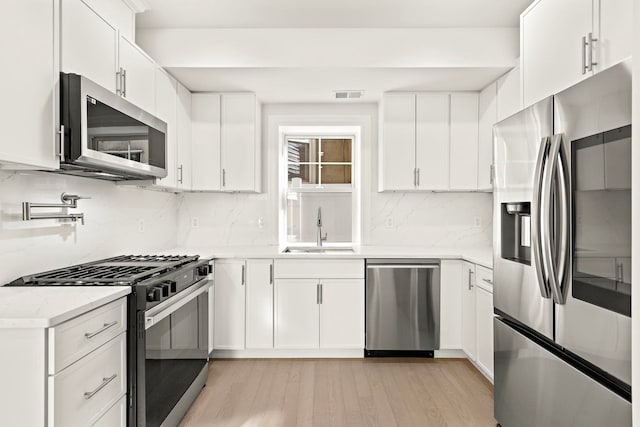 kitchen featuring backsplash, white cabinets, sink, light hardwood / wood-style flooring, and appliances with stainless steel finishes