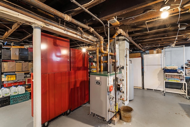 306 Sylvan St, Rutherford, NJ 07070 - unfinished basement featuring freestanding refrigerator, a heating unit, and water heater