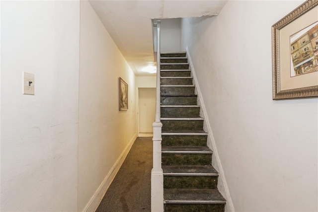 stairway featuring carpet floors and baseboards