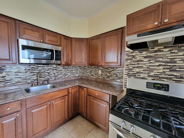 1214 79th St, North Bergen, NJ 07047 - kitchen with stainless steel appliances, range hood, ornamental molding, decorative backsplash, and light tile patterned floors
