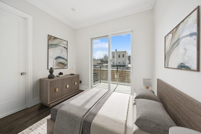 bedroom featuring crown molding, access to outside, and wood finished floors