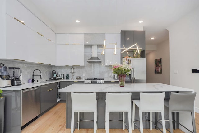 kitchen with stainless steel appliances, a kitchen island, white cabinets, and wall chimney exhaust hood