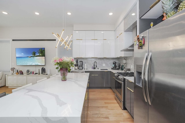 kitchen featuring sink, appliances with stainless steel finishes, white cabinetry, light hardwood / wood-style floors, and decorative light fixtures