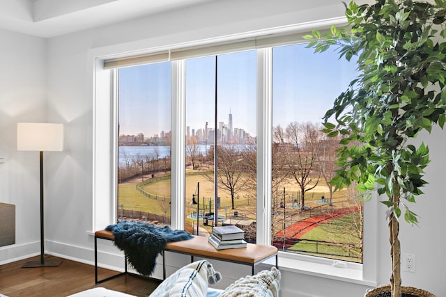 office space featuring a view of city, wood finished floors, and baseboards