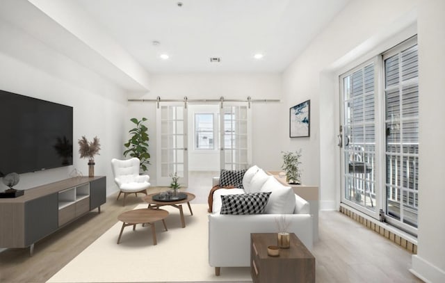 107 Laidlaw Ave Unit 2, Jersey City, NJ 07306 - living room with wood finished floors, plenty of natural light, a barn door, and recessed lighting