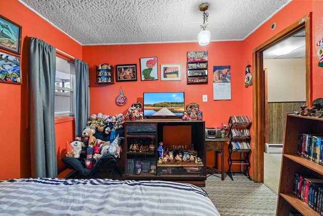 carpeted bedroom with a textured ceiling