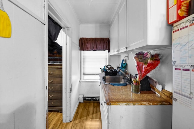 kitchen with ornamental molding, light wood-type flooring, a sink, and white cabinetry