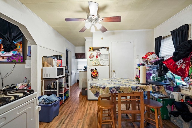 dining room featuring ceiling fan, ornamental molding, and wood finished floors