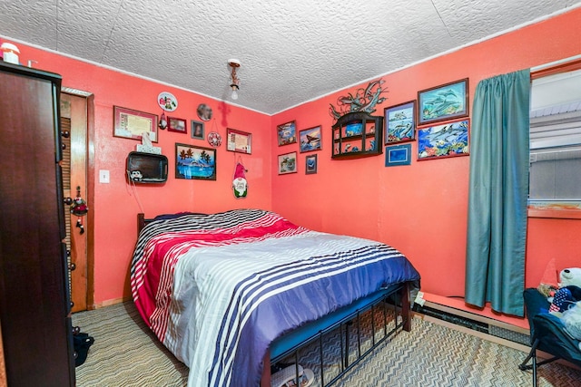 carpeted bedroom with a textured ceiling