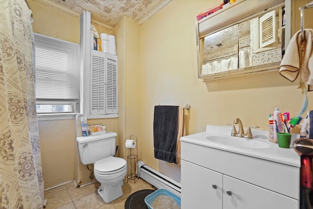 full bath featuring a baseboard heating unit, vanity, toilet, and tile patterned floors