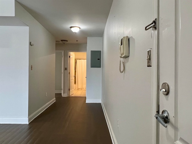 hall featuring electric panel and dark hardwood / wood-style flooring