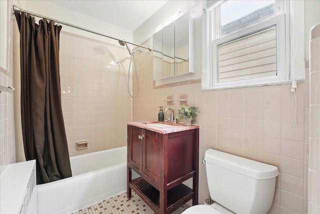 221 Terrace Ave, Jersey City, NJ 07307 - full bathroom featuring shower / bath combo with shower curtain, vanity, tile walls, and toilet