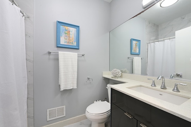 118 Irving St Unit 1, Jersey City, NJ 07307 - bathroom featuring baseboards, toilet, vanity, marble look tile flooring, and curtained shower