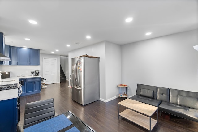 225 Freeman Ave, Jersey City, NJ 07306 - living room with stairs, dark wood-type flooring, recessed lighting, and baseboards