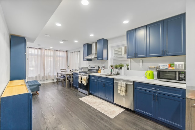 225 Freeman Ave, Jersey City, NJ 07306 - kitchen featuring dark wood finished floors, blue cabinetry, a sink, appliances with stainless steel finishes, and wall chimney exhaust hood
