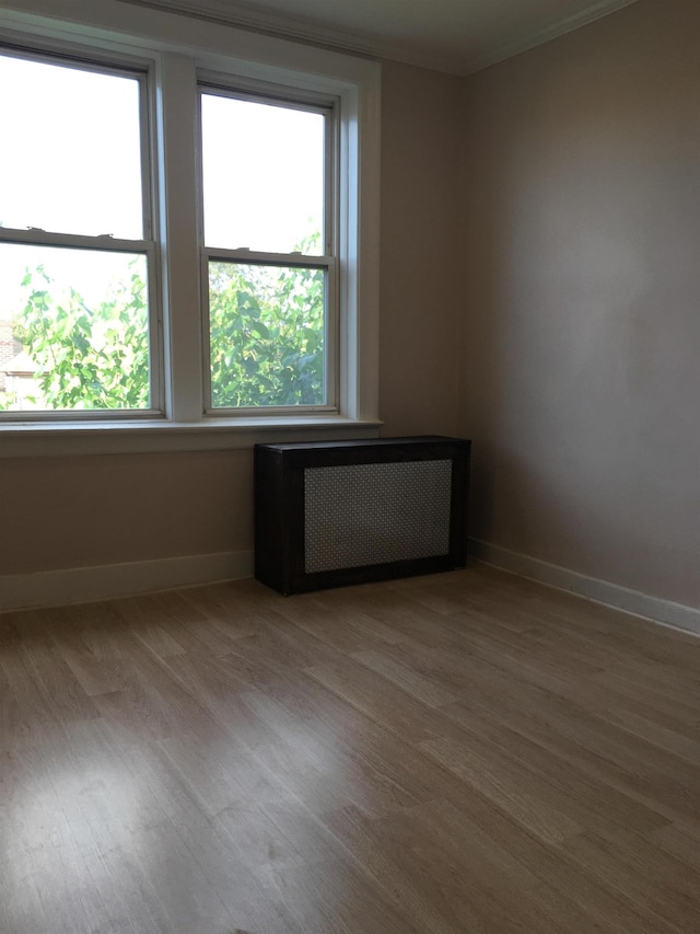 18 74th St Unit D5, North Bergen, NJ 07047 - empty room with wood finished floors, baseboards, ornamental molding, and radiator heating unit
