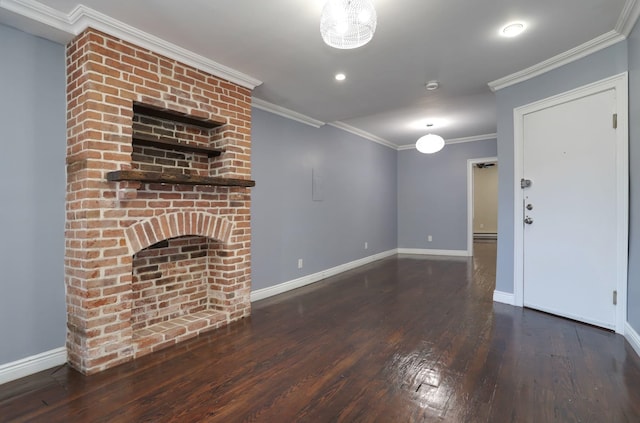 unfurnished living room featuring baseboards, a baseboard radiator, dark wood-type flooring, crown molding, and a brick fireplace