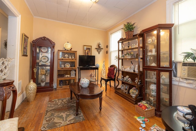 office with crown molding and hardwood / wood-style flooring