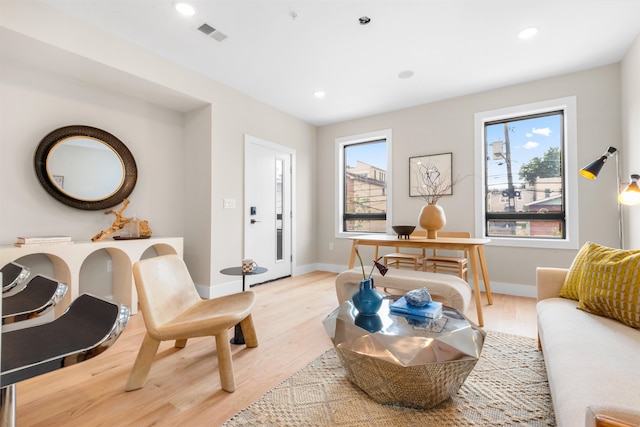 living room featuring a wealth of natural light and light hardwood / wood-style flooring