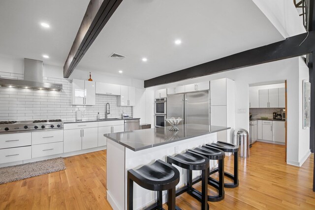 kitchen featuring backsplash, visible vents, dark countertops, stainless steel appliances, and wall chimney exhaust hood