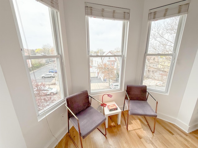 living area with baseboards, light wood-style floors, and plenty of natural light