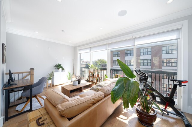 living room featuring crown molding, recessed lighting, wood finished floors, and a wealth of natural light