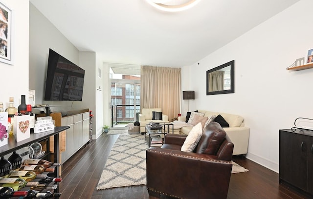 living area featuring baseboards and dark wood-style flooring