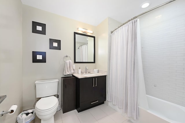 bathroom with vanity, toilet, shower / bathtub combination with curtain, and tile patterned flooring