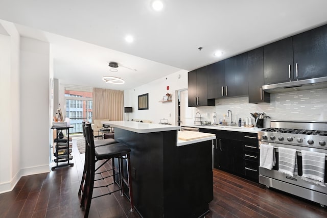 kitchen featuring under cabinet range hood, dark cabinets, light countertops, stainless steel gas range, and dark wood-style flooring