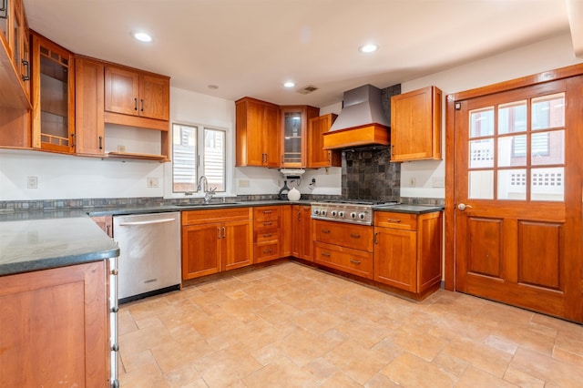 238 Undercliff Ave, Edgewater, NJ 07020 - kitchen with appliances with stainless steel finishes, custom range hood, brown cabinetry, open shelves, and light stone finish floors