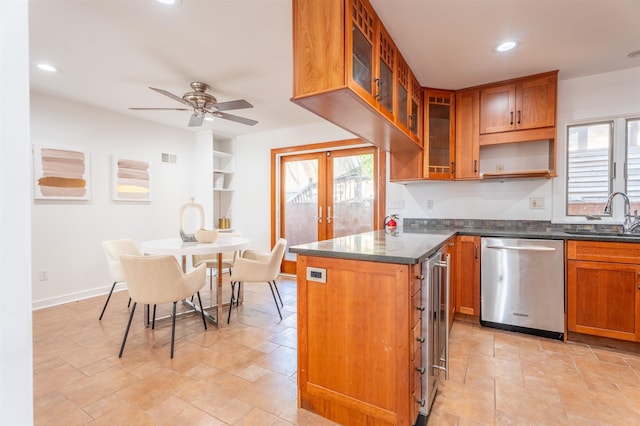 238 Undercliff Ave, Edgewater, NJ 07020 - kitchen featuring dishwasher, open shelves, brown cabinetry, recessed lighting, and a ceiling fan