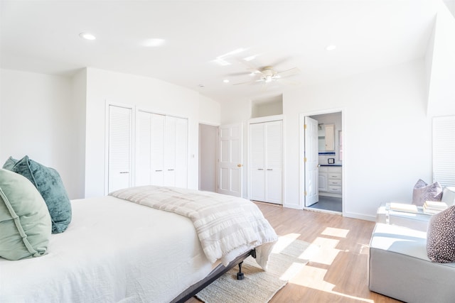 238 Undercliff Ave, Edgewater, NJ 07020 - bedroom featuring light wood-style flooring, multiple closets, recessed lighting, ensuite bath, and ceiling fan