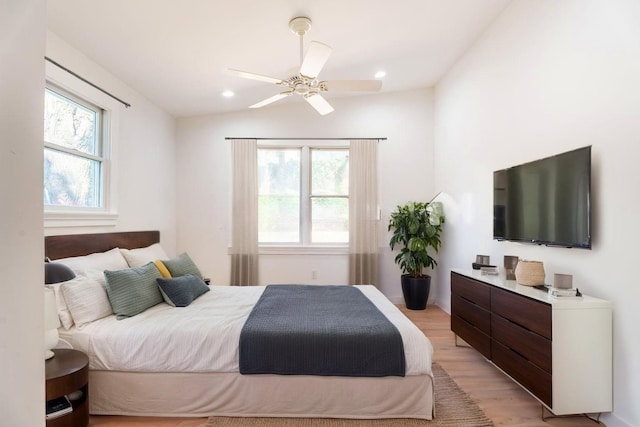 238 Undercliff Ave, Edgewater, NJ 07020 - bedroom featuring multiple windows, light wood-style flooring, ceiling fan, and recessed lighting